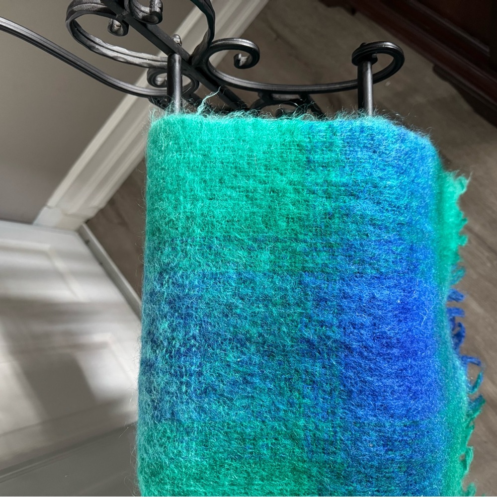 Made in Scotland Mohair and Wool Green and Blue Plaid Blanket - Picture 3 of 6
